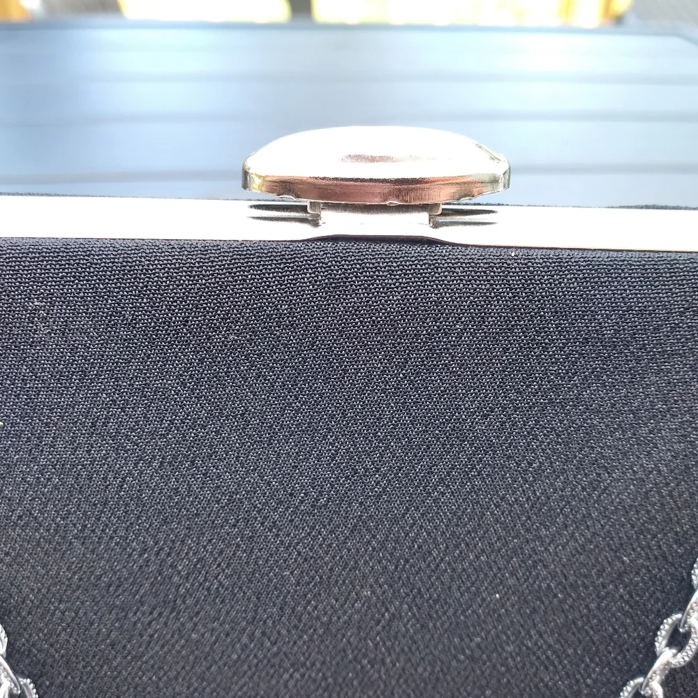 Vintage Black Evening Bag Purse, Silver Chain Strap, Hinged Opening, Clo… - Picture 4 of 13